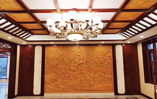 丹东中式别墅客厅中式木作横梁吊顶装饰展示